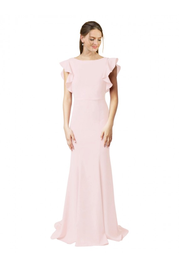 Affordable Ruffle Sleeves Jewel Neck Stretch Crepe Pink Sweep Train Black Tie Prom Dress Canada