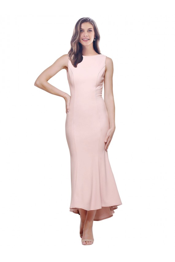 Affordable Sleeveless High Neck Stretch Crepe Pink Midi Length High Low Prom Dress Canada
