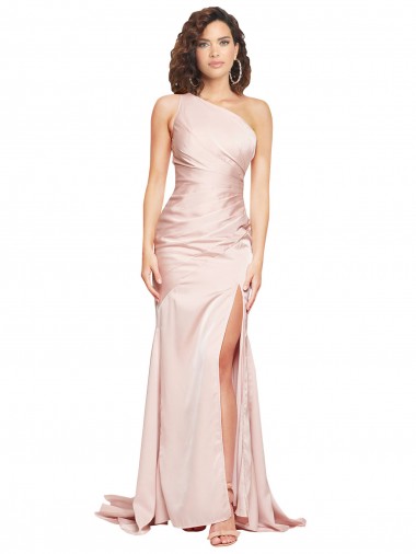 Affordable Sleeveless One Shoulder Silky Satin Pink Long Black Tie Prom Dress Canada