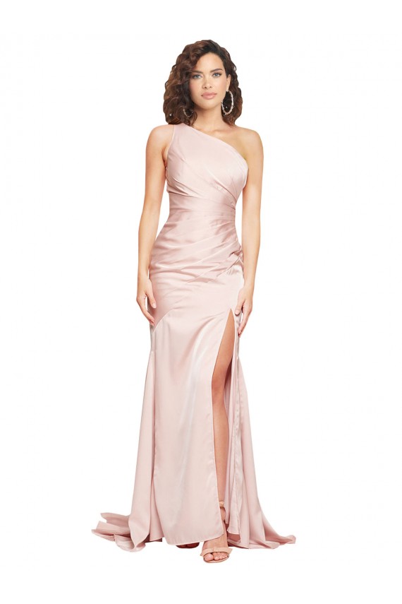 Affordable Sleeveless One Shoulder Silky Satin Pink Long Black Tie Prom Dress Canada