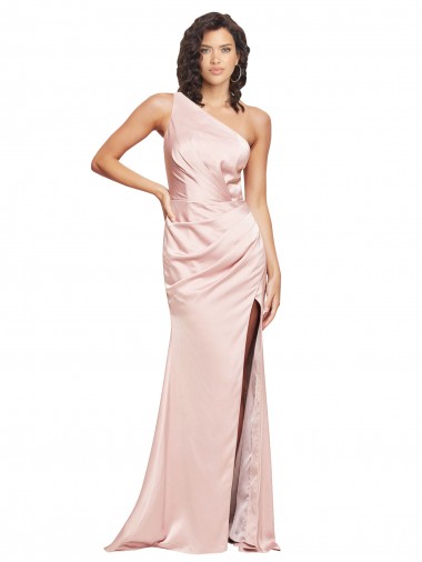 Affordable Sleeveless One Shoulder Silk like Satin Pink Long Low Back Prom Dress Canada