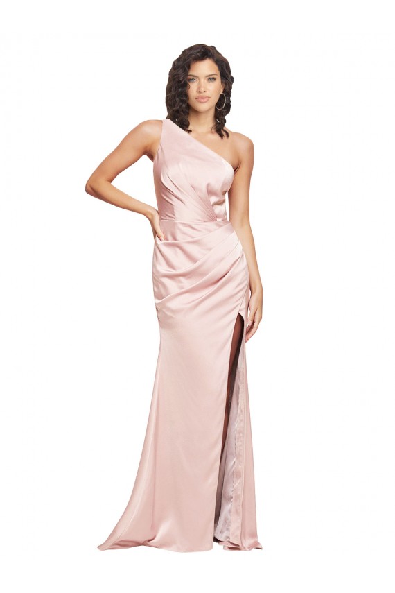 Affordable Sleeveless One Shoulder Silk like Satin Pink Long Low Back Prom Dress Canada