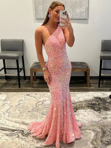 Affordable Sleeveless One Shoulder Velvet Sequin Pink Sweep Train Prom Dress Canada