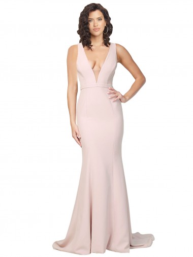 Affordable Sleeveless V-Neck Stretch Crepe Pink Sweep Train Black Tie Prom Dress Canada