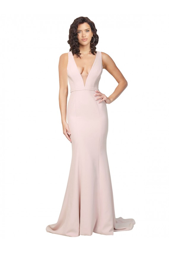 Affordable Sleeveless V-Neck Stretch Crepe Pink Sweep Train Black Tie Prom Dress Canada