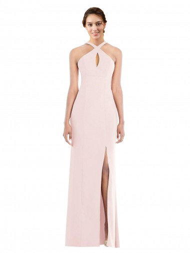 Affordable Sleeveless Halter Neck Stretch Crepe Pink Long Prom Evening Dress Canada