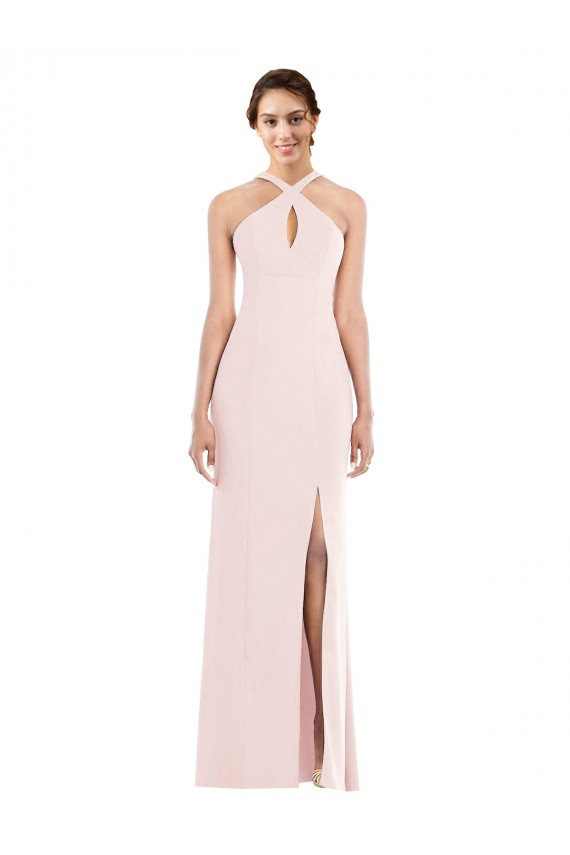 Affordable Sleeveless Halter Neck Stretch Crepe Pink Long Prom Evening Dress Canada