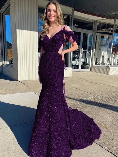 Affordable Sleeveless V-Neck Velvet Sequin Plum Purple Court Train Prom Dress Canada