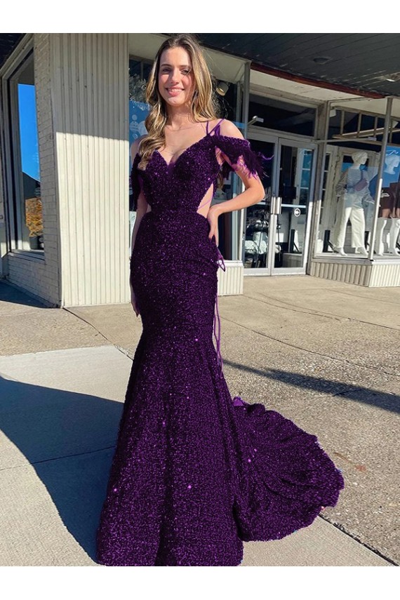 Affordable Sleeveless V-Neck Velvet Sequin Plum Purple Court Train Prom Dress Canada