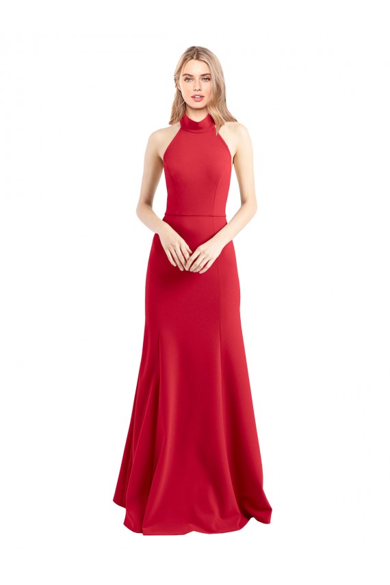 Affordable Sleeveless High Neck Stretch Crepe Red A-Line Long Prom Dress Canada