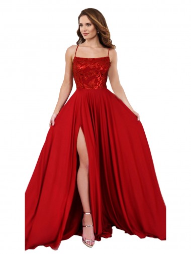 Affordable Sleeveless Square Neck Spandex & Lace Red Long Prom Dress Canada