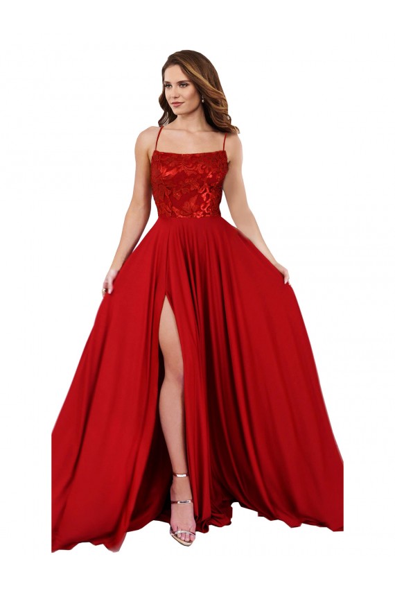 Affordable Sleeveless Square Neck Spandex & Lace Red Long Prom Dress Canada