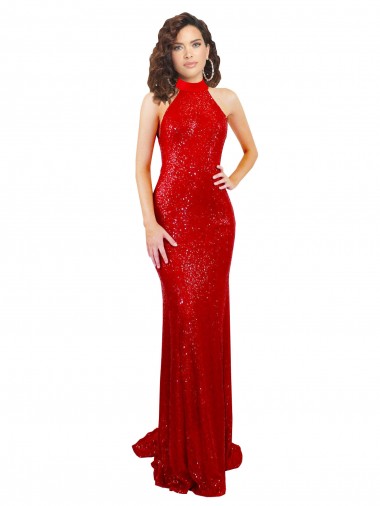 Affordable Sleeveless High Neck Sequin Red Long Prom Dress Canada