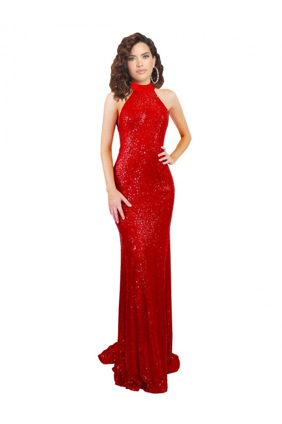 Affordable Sleeveless High Neck Sequin Red Long Prom Dress Canada