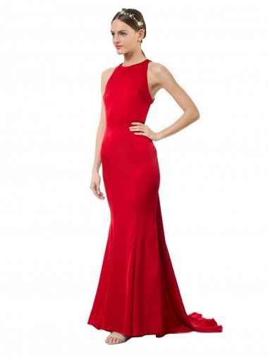 Affordable Sleeveless High Neck Stretch Crepe Red Long Formal Evening Gown Canada