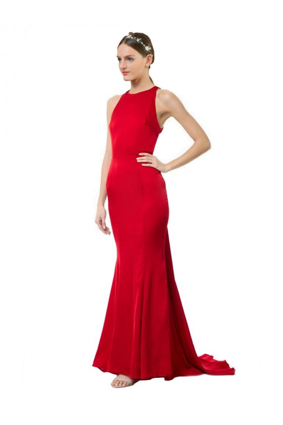 Affordable Sleeveless High Neck Stretch Crepe Red Long Formal Evening Gown Canada
