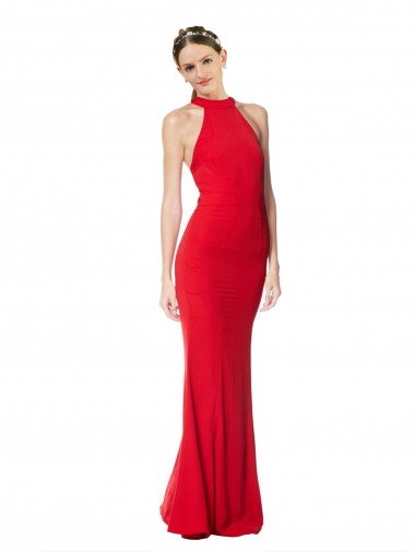 Affordable Sleeveless Halter Neck Stretch Crepe Red Long Prom Dress Canada