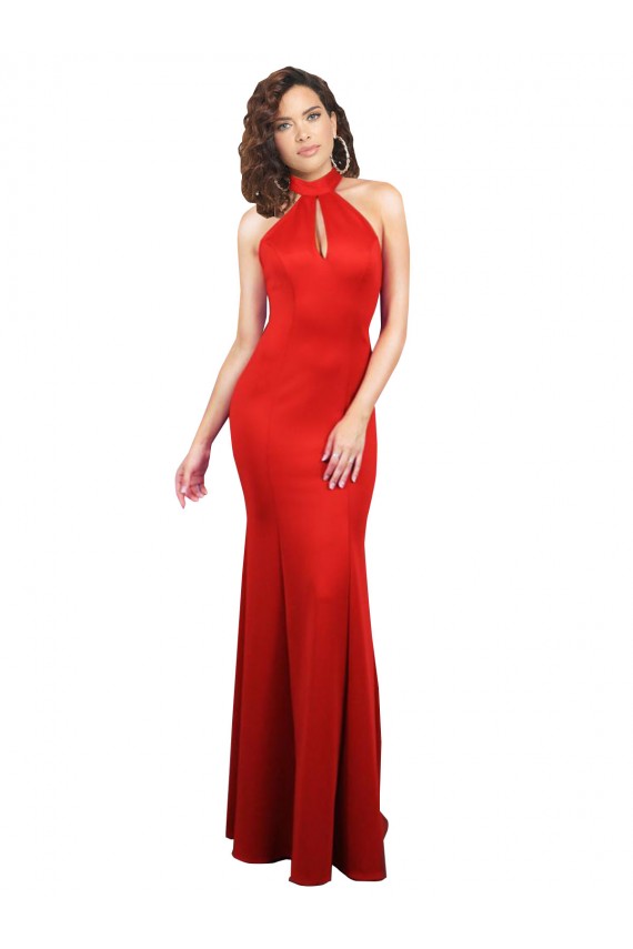 Affordable Sleeveless Halter Neck Stretch Satin Red Long Prom Dress Canada