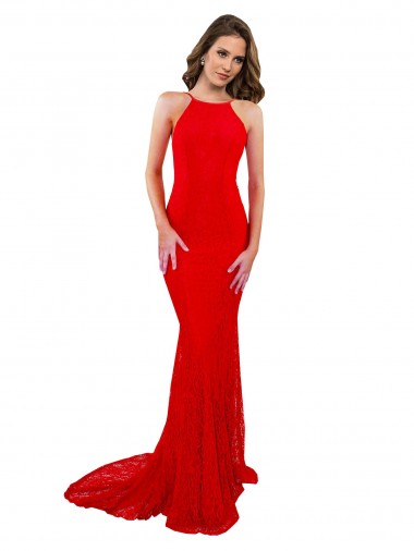 Affordable Sleeveless High Neck Lace Red Long Prom Dress Canada