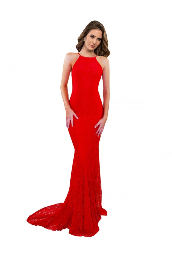Affordable Sleeveless High Neck Lace Red Long Prom Dress Canada