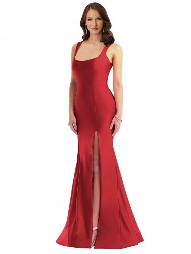 Affordable Sleeveless Square Neck Silky Satin Red Long Plus Size Formal Prom Dress Canada