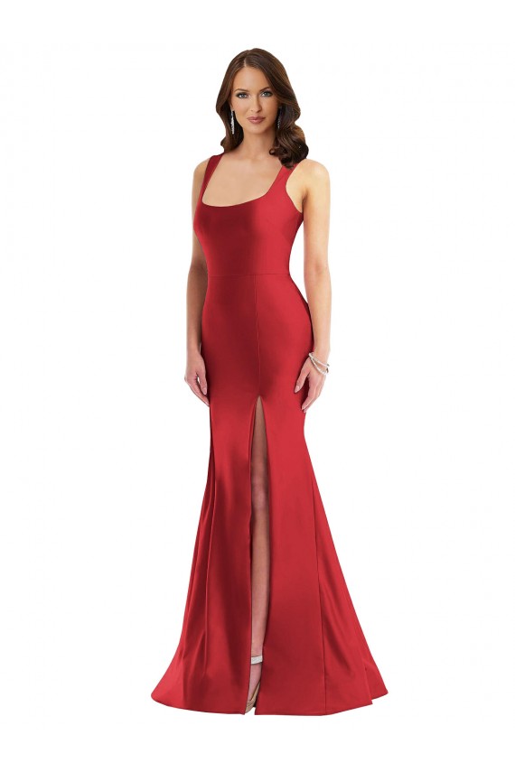Affordable Sleeveless Square Neck Silky Satin Red Long Plus Size Formal Prom Dress Canada