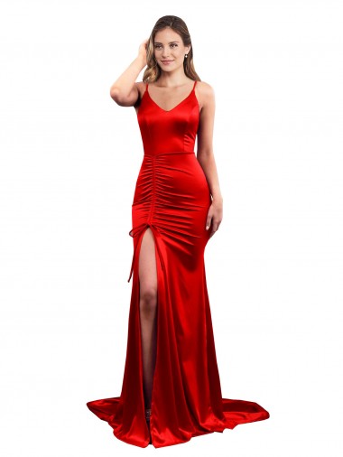 Affordable Sleeveless Sweetheart Stretch Satin Red Long Prom Dress Canada
