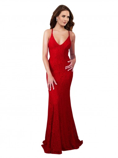 Affordable Sleeveless V-Neck Lace Red Long Prom Dress Canada