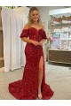 Affordable Short Sleeves Off the Shoulder Velvet Sequin Red Court Train Prom Dress Canada