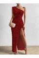 Affordable Sleeveless One Shoulder Velvet Sequin Red Long Prom Dress Canada