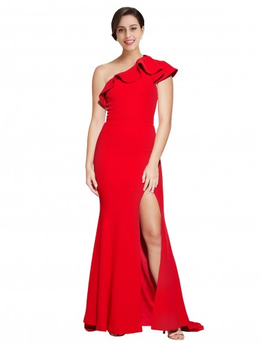 Affordable Sleeveless One Shoulder Stretch Crepe Red Sweep Train Prom Dress Canada