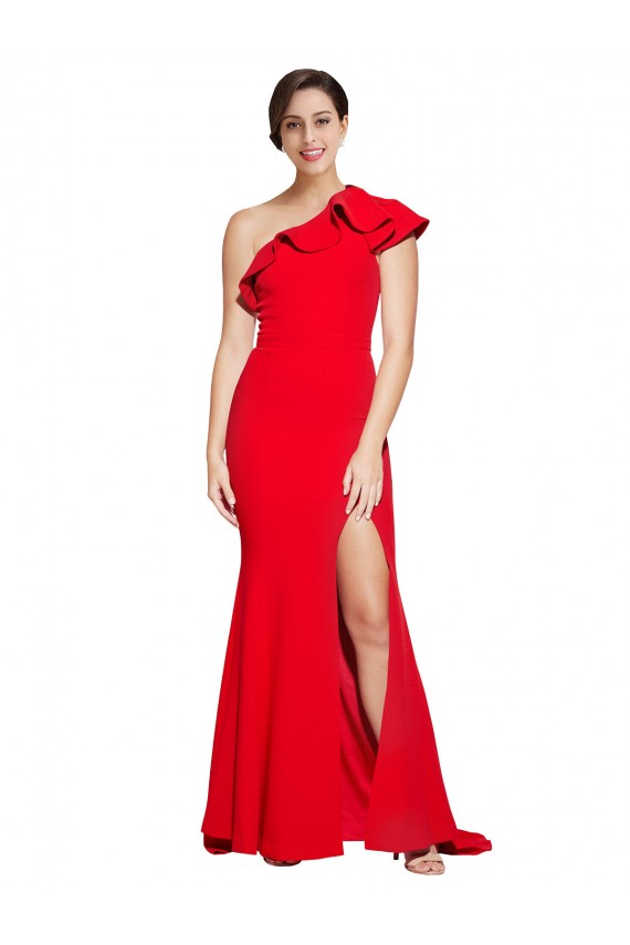 Affordable Sleeveless One Shoulder Stretch Crepe Red Sweep Train Prom Dress Canada