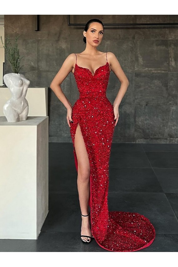 Affordable Sleeveless V-Neck Velvet Sequin Red Sweep Train Prom Dress Canada