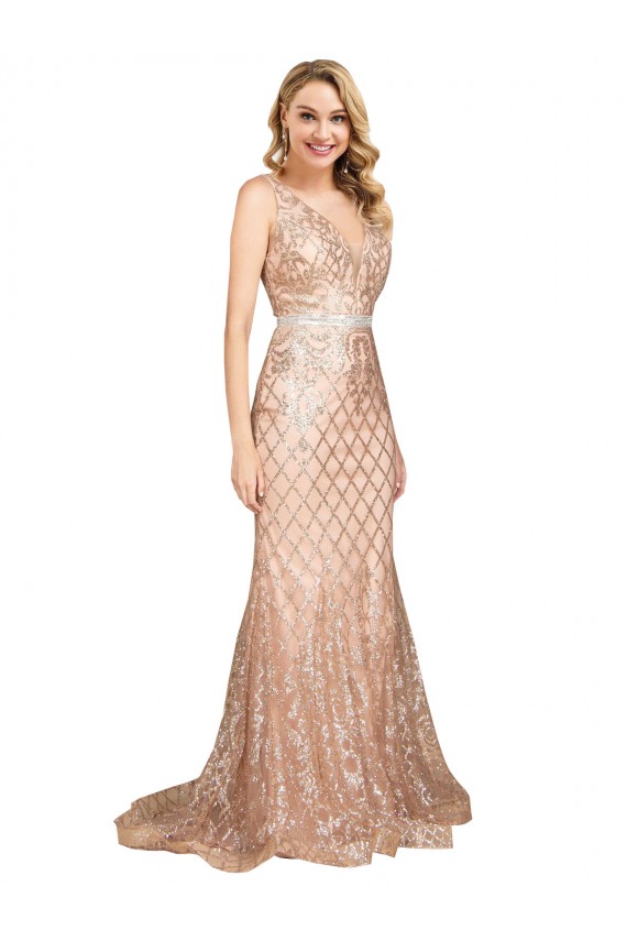 Affordable Sleeveless V-Neck Sequin & Sparkling Sequin Rose Gold Long Plus Size Formal Prom Dress Canada