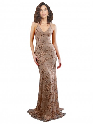 Affordable Sleeveless High Neck Stretch Crepe & Sequin Tulle Rose Gold Long Prom Dress Canada