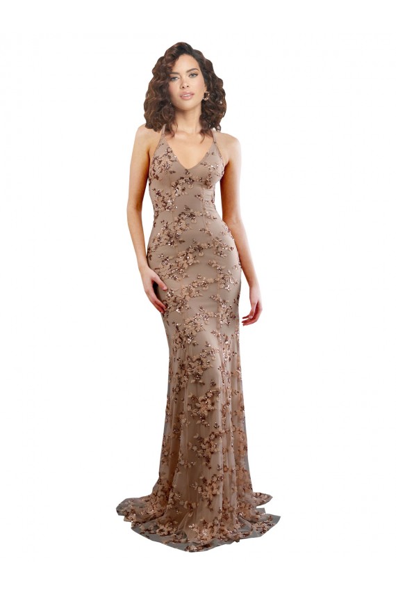 Affordable Sleeveless High Neck Stretch Crepe & Sequin Tulle Rose Gold Long Prom Dress Canada