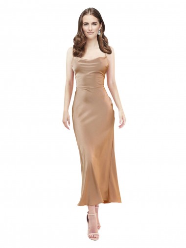 Affordable Sleeveless Cowl Neck Silky Satin Rose Gold Midi Length Prom Dress Canada