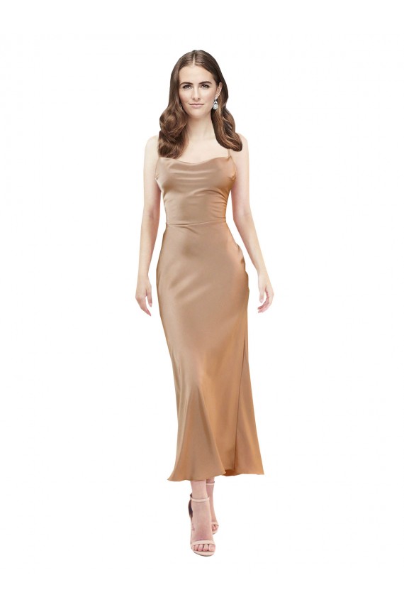 Affordable Sleeveless Cowl Neck Silky Satin Rose Gold Midi Length Prom Dress Canada