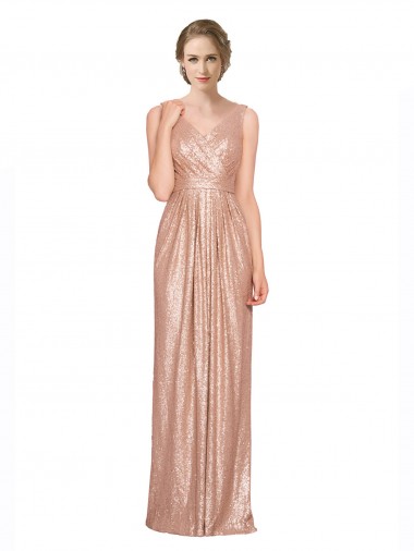 Affordable Sleeveless V-Neck Sequin Rose Gold Long Prom Dress Canada