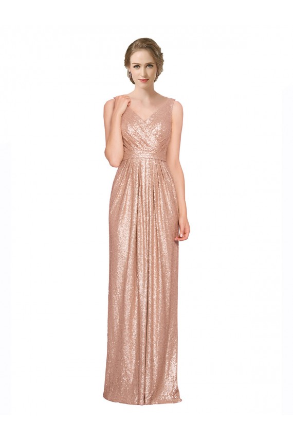 Affordable Sleeveless V-Neck Sequin Rose Gold Long Prom Dress Canada
