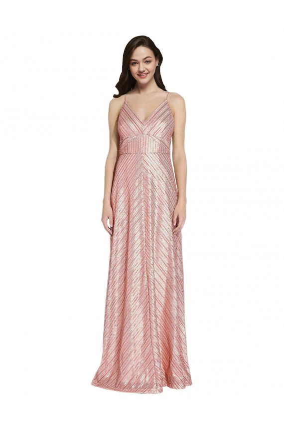 Affordable Sleeveless V-Neck Sequin Rose Gold Long Low Back Prom Dress Canada