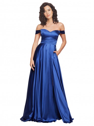 Affordable Sleeveless Sweetheart Stretch Satin Royal Blue Sweep Train Prom Dress Canada