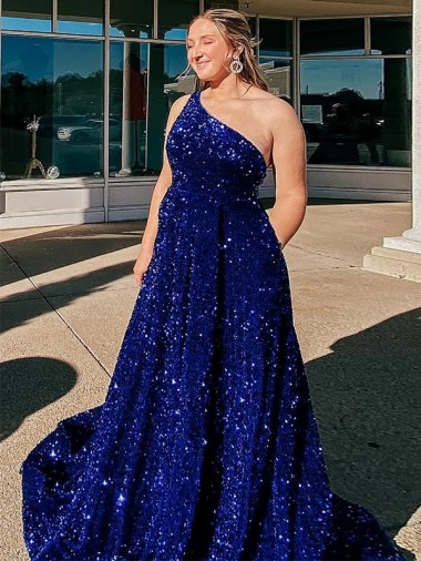 Affordable Sleeveless One Shoulder Velvet Sequin Royal Blue Sweep Train Prom Dress Canada
