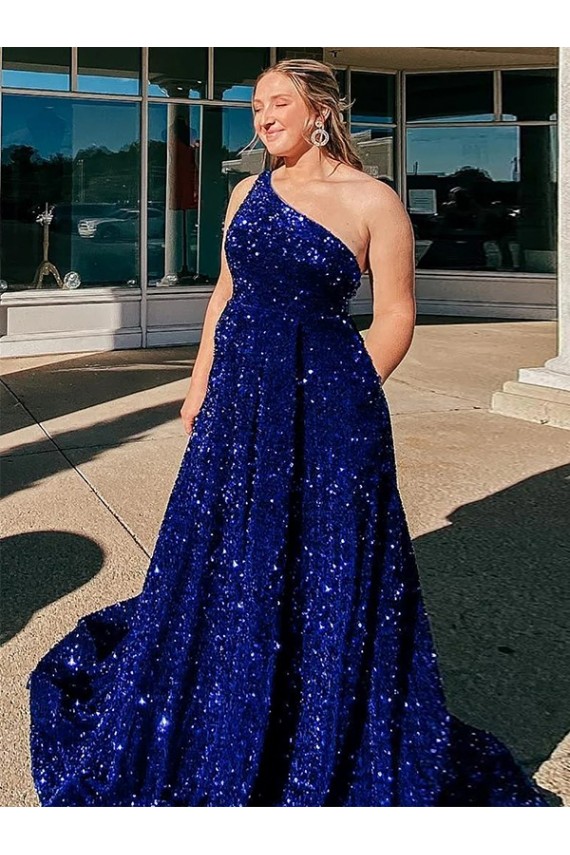 Affordable Sleeveless One Shoulder Velvet Sequin Royal Blue Sweep Train Prom Dress Canada