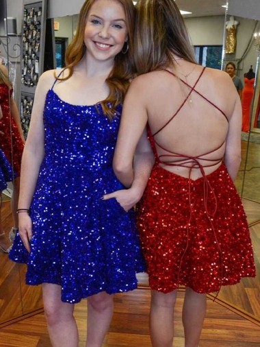 Affordable Sleeveless Spaghetti Straps Velvet Sequin Royal Blue A-Line Short Prom Dress Canada