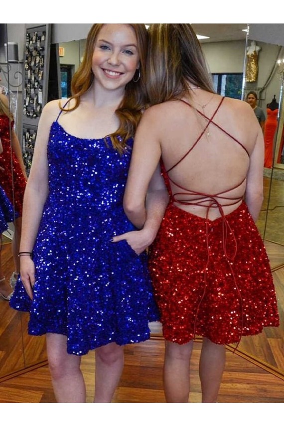 Affordable Sleeveless Spaghetti Straps Velvet Sequin Royal Blue A-Line Short Prom Dress Canada