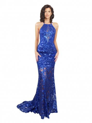 Affordable Sleeveless High Neck Lace Royal Blue Long Prom Dress Canada