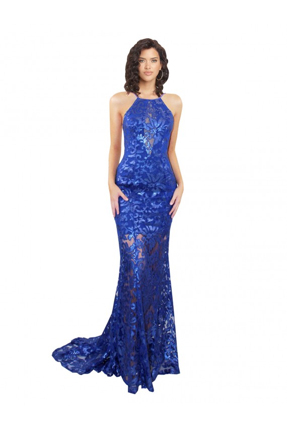 Affordable Sleeveless High Neck Lace Royal Blue Long Prom Dress Canada