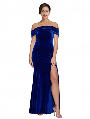 Affordable Sleeveless Off the Shoulder Stretch Velvet Royal Blue Long Prom Dress Canada