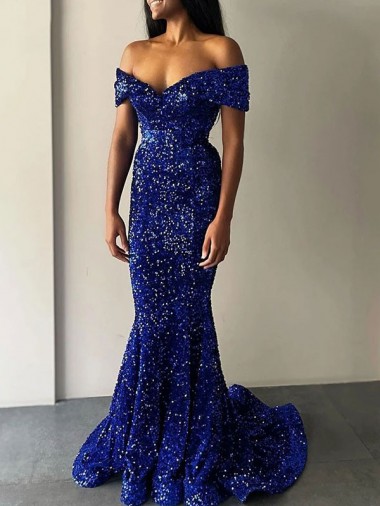 Affordable Sleeveless Off the Shoulder Velvet Sequin Royal Blue Sweep Train Evening Prom Dress Canada